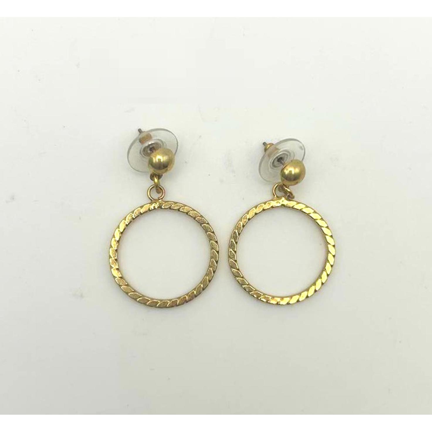 Vintage Gold Tone Hoop Earrings, Textured Open Circle Dangles, 80s Retro Jewelry